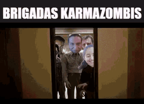 a group of people are standing in an elevator with the words brigadas karmazombies written above them