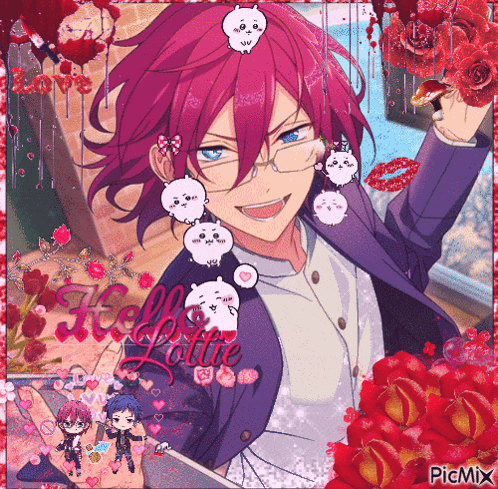 a picture of a boy with purple hair is surrounded by red roses and the words hello lotte