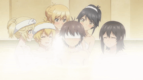 a group of anime girls are taking a bath
