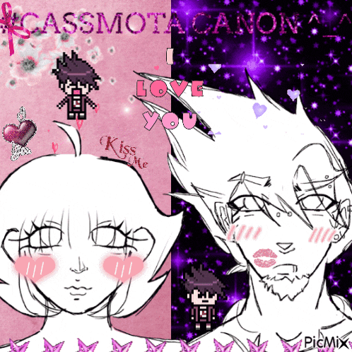 a drawing of a girl and a boy with the words kiss me on the bottom right