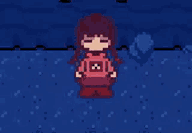 a pixel art of a girl in a red shirt standing in a field .