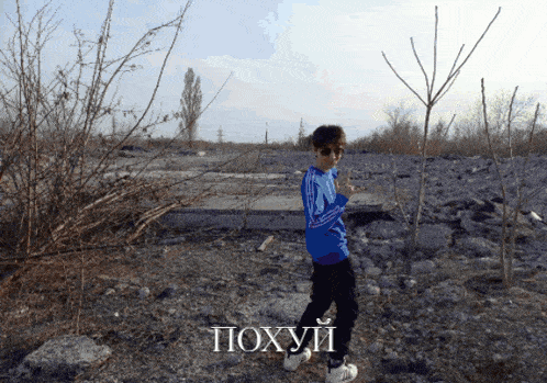 a boy in a blue shirt is standing in a rocky area with the word poxyui written on the bottom
