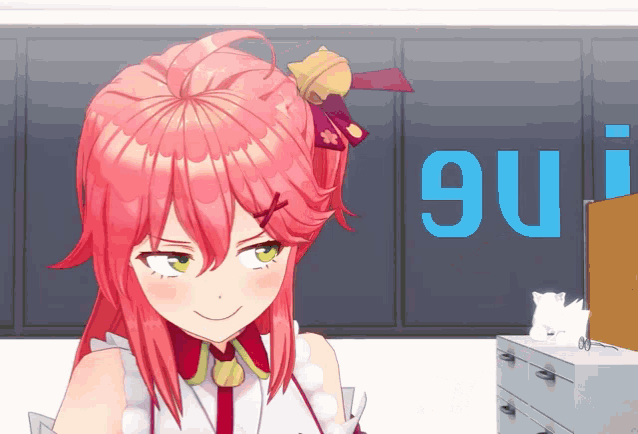 a girl with pink hair and green eyes is smiling in front of a wall with the number 90 on it