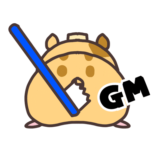 a hamster is holding a blue stick and the word gm is above him