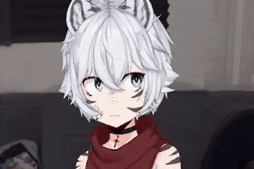a close up of a cartoon character with white hair and a tiger 's face .
