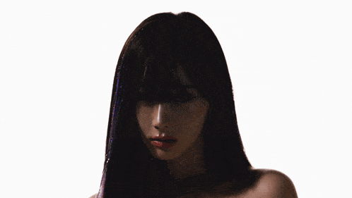 a close up of a woman 's face with black hair and red eyes
