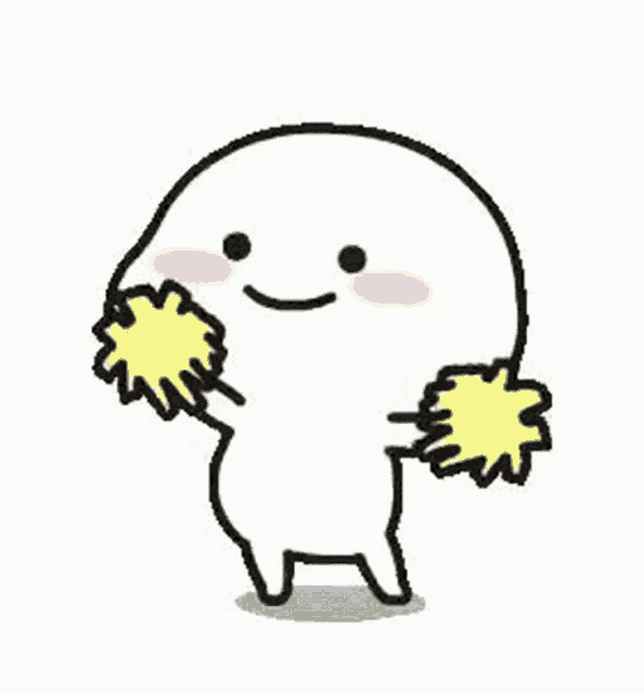 a cartoon character is holding two yellow pom poms in his hands and smiling .
