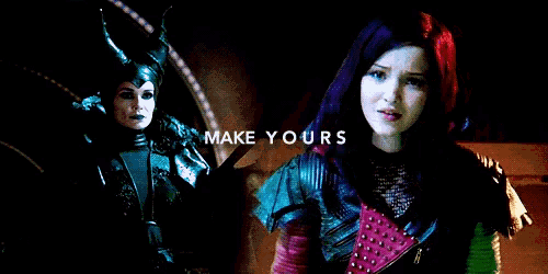 a woman with purple hair is standing next to a woman with horns and the words " make yours "