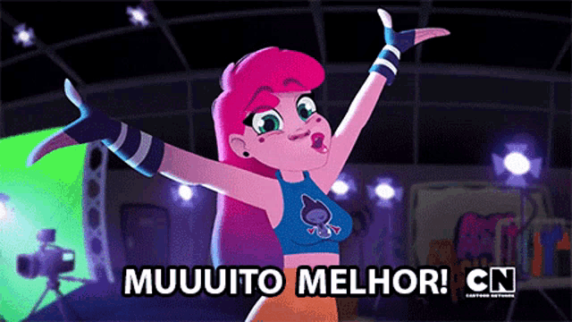 a cartoon character with the words muuuto melhor on the bottom right