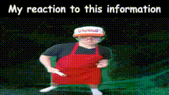 a man wearing a red apron and a hat with the words my reaction to this information below him