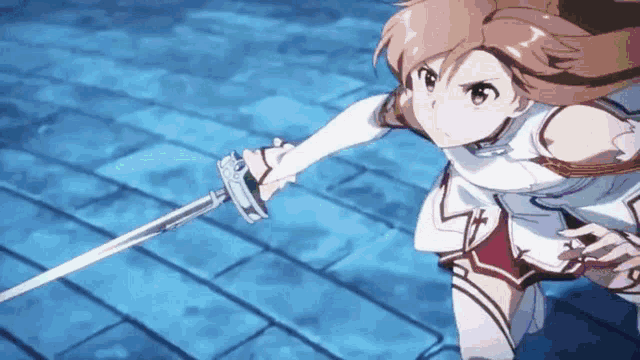 a girl in a white outfit is holding a sword