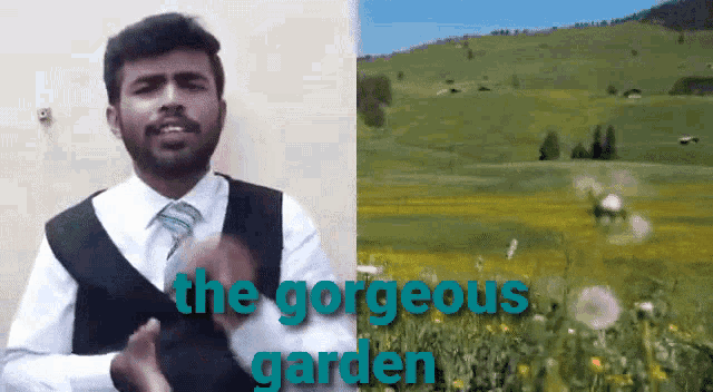 a man in a suit and tie stands in front of a picture of a field and the words " the gorgeous garden "