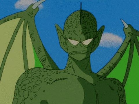 a drawing of a green dragon with wings and a blue sky in the background