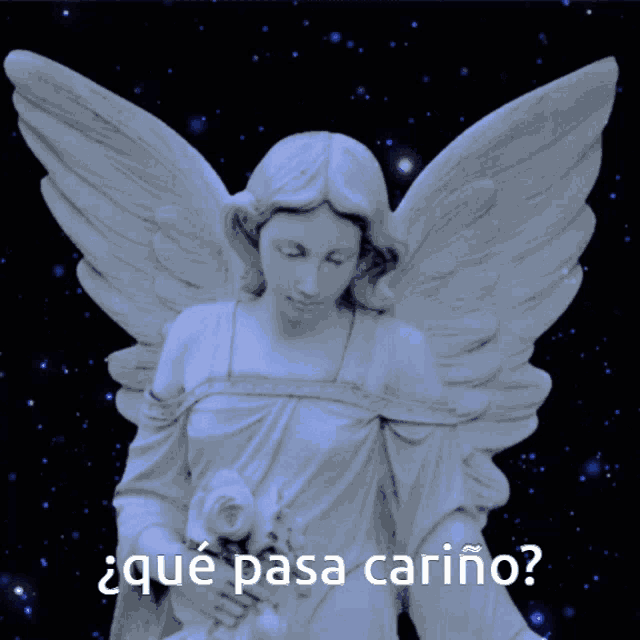 a statue of an angel holding a rose with the words " qué pasa carino " below her