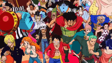 a large group of one piece characters are standing together