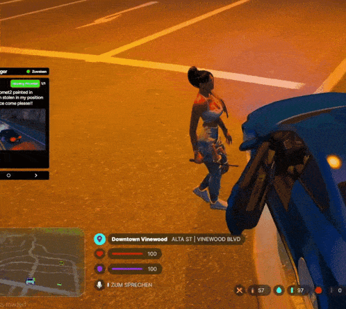 a video game shows a woman walking down downtown vinewood alta st