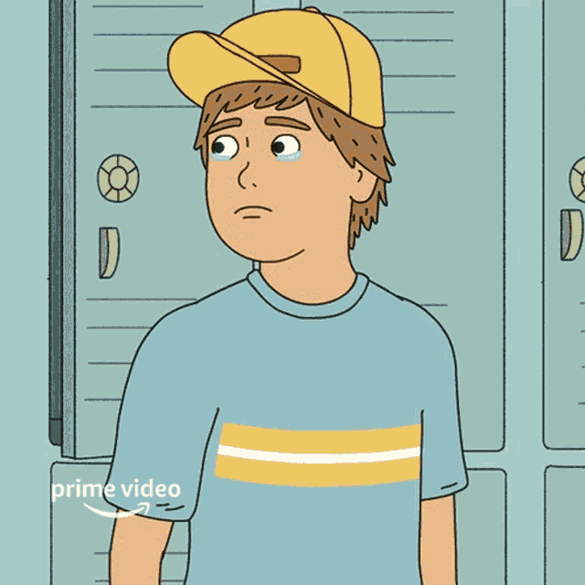 a cartoon of a boy wearing a yellow hat and a blue shirt that says prime video on the sleeve