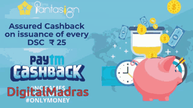 an advertisement for paytm cashback shows a piggy bank and coins