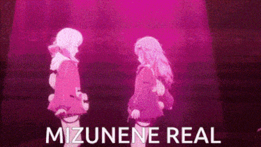a couple of anime girls standing next to each other in front of a pink background .