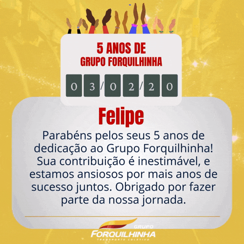 an advertisement for grupo forquilhinha congratulating felipe on his 5th birthday