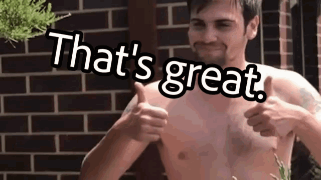 a shirtless man giving a thumbs up with the words " that 's great " above him