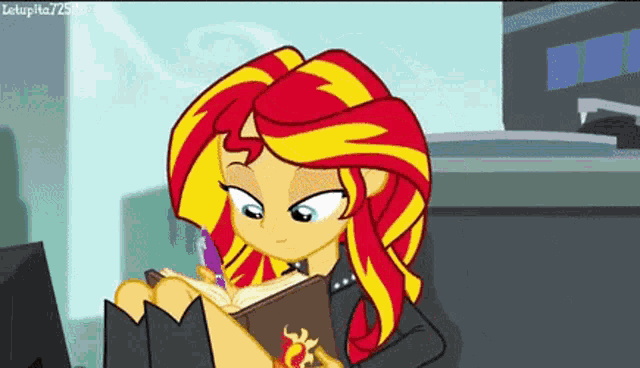 sunset shimmer from my little pony equestria girls is writing in a notebook .