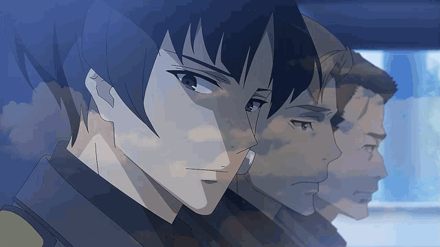 three anime characters are standing next to each other in a row