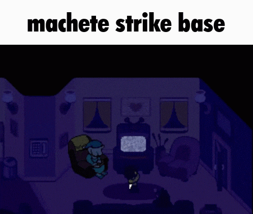 a man is sitting in a chair in a living room with a light coming out of the ceiling and the words machete strike base