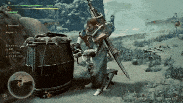 a screenshot of a video game shows a man with a sword and a barrel
