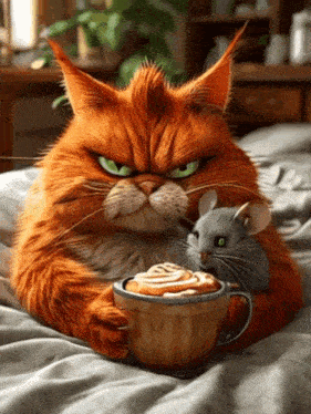 a cat is holding a cup of coffee with a mouse on it