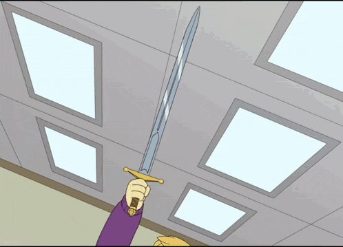 a cartoon drawing of a person holding a sword in front of a window