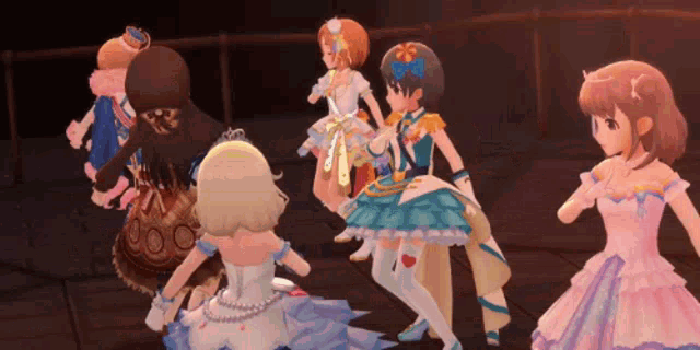 a group of anime girls are dancing together in a dark room .