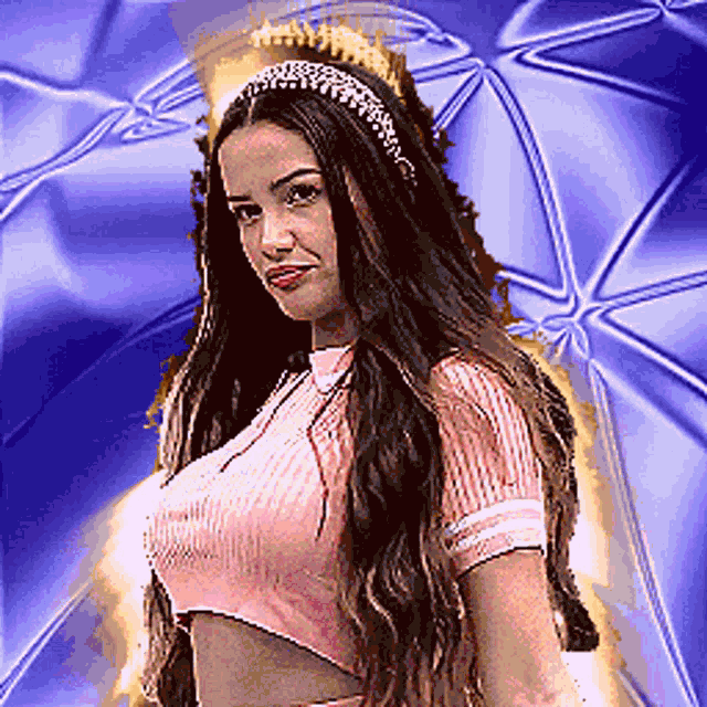 a woman with long hair wearing a pink crop top and a headband