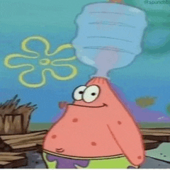 patrick star from spongebob squarepants is drinking water from a bottle .