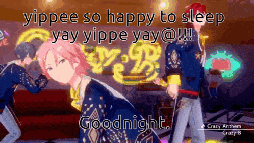a group of anime characters are dancing in a video game and the words goodnight are on the screen