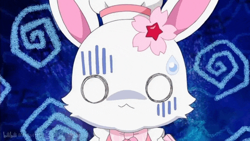 a white rabbit with a pink flower on its head is surrounded by blue swirls