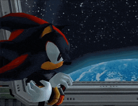 shadow the hedgehog from sonic the hedgehog looks out a window at the earth