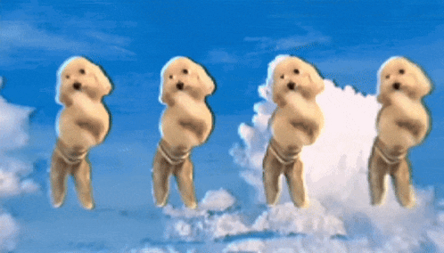 a group of dogs standing in the clouds with their arms outstretched