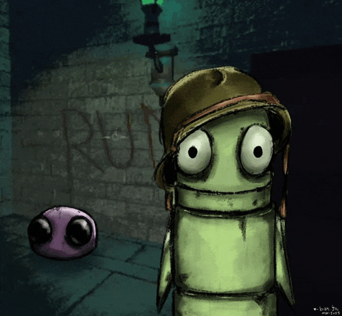 a drawing of a robot with a helmet and a purple ball with big eyes by brian jones