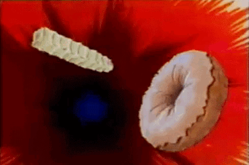 a donut and a piece of cake are flying through a red flower