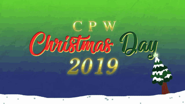 a poster for christmas day 2019 with a christmas tree in the foreground