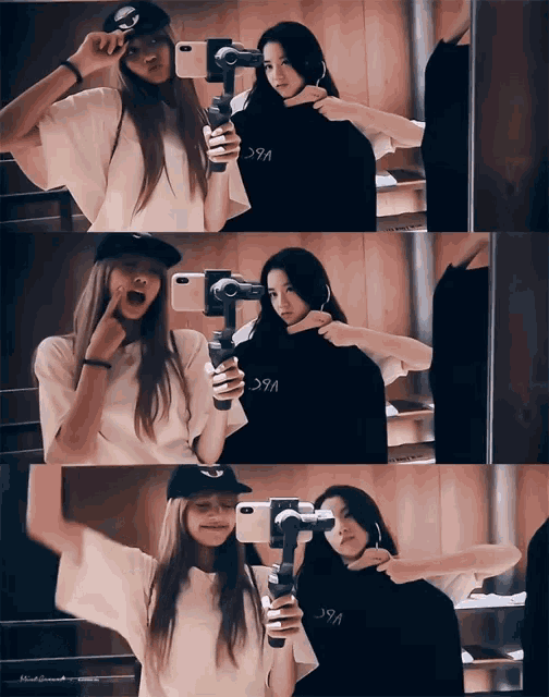 two girls are taking a selfie with a gimbal and one has a shirt on that says 394
