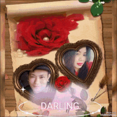 a picture of a man and a woman in heart shaped frames with the word darling in the corner