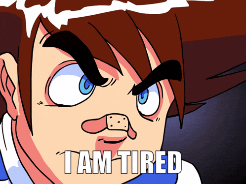 a cartoon character with a bandage on his nose and the words tam tired