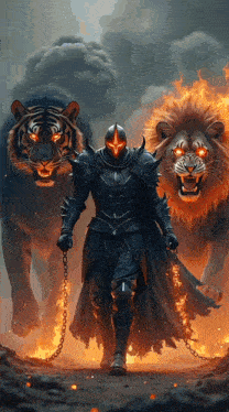 a man in armor is chained to a lion and a tiger