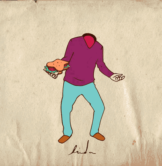 a cartoon drawing of a man holding a sandwich with the word lunch written above him