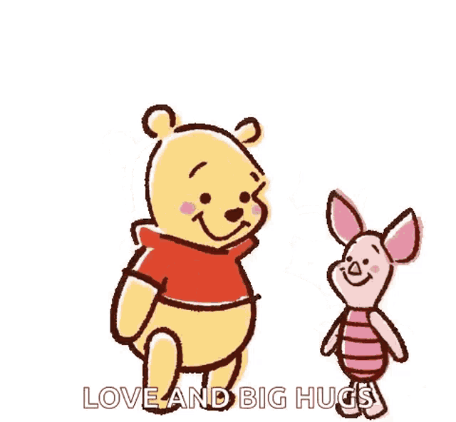 winnie the pooh is holding piglet in his arms surrounded by hearts and the words love and big hugs