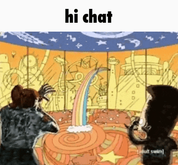 a cartoon of two people standing in front of a carousel with the words hi chat on the bottom .