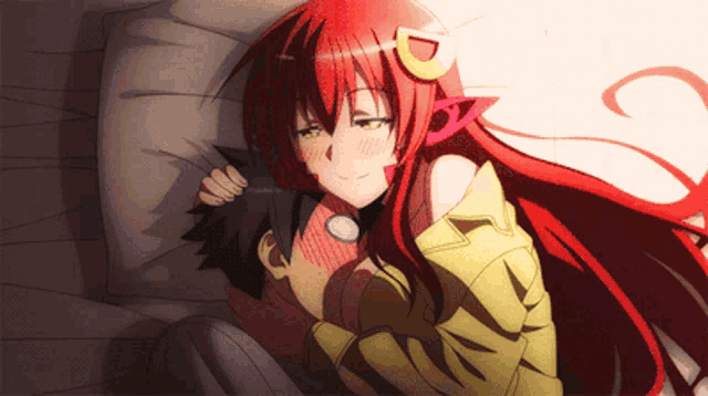 a girl with red hair and a yellow jacket has a d on her ear