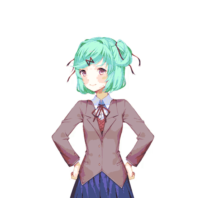 a girl with green hair and a bow on her head
